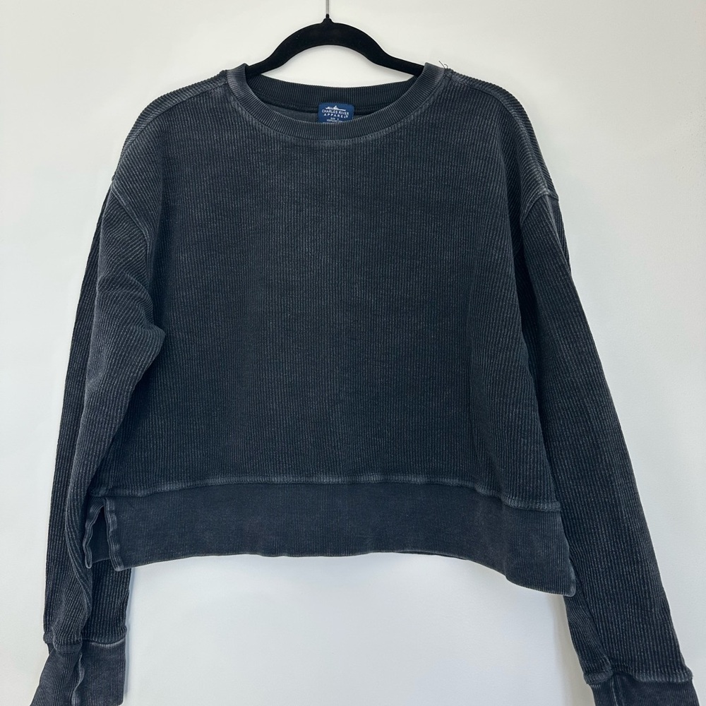 Charcoal Ribbed Cropped Pullover Sweatshirt Long Sleeve Top Size S
